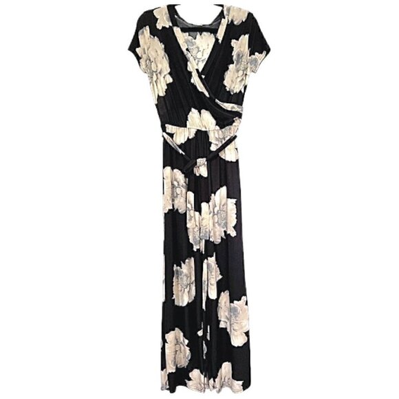 Women’s Black Tie Front Floral Wide Leg Stretchy Belted Jumpsuit Romper Small - Picture 1 of 5